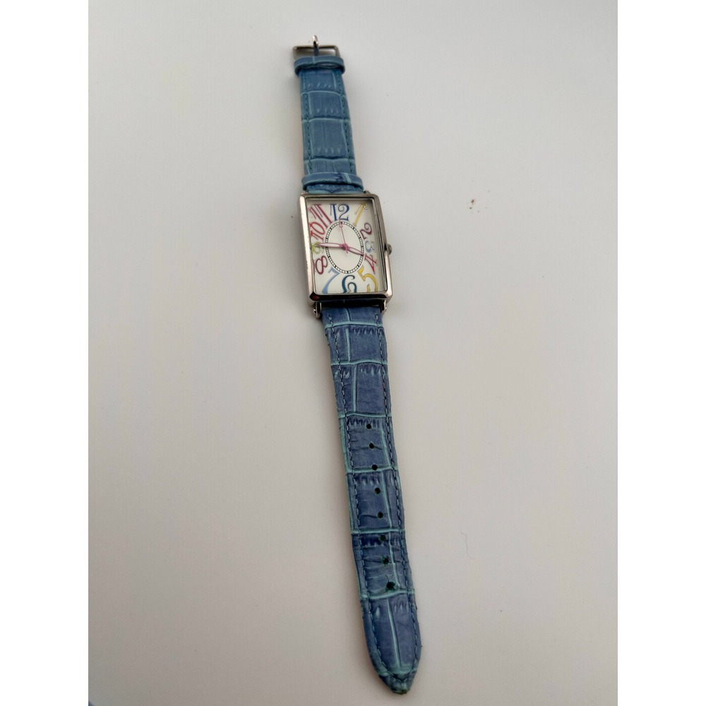 Colorful Number Dial Rectangle Watch Blue Genuine Leather Strap Quartz Womens